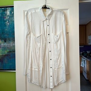Free People White Longline Button-Up Shirt